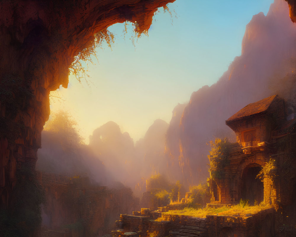 Sunlit Valley with Ancient Ruins and Solitary House Amid Cliffs