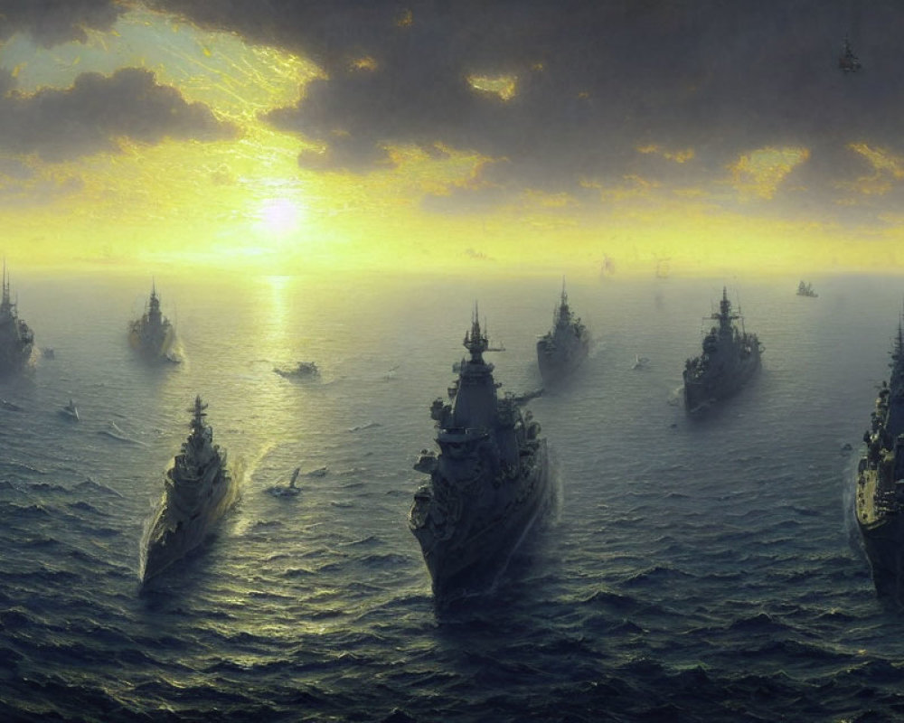 Warships sailing through golden misty sea at dramatic sunset