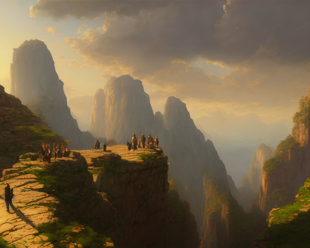 Group of people on ancient stone pathway overlooking vast canyon