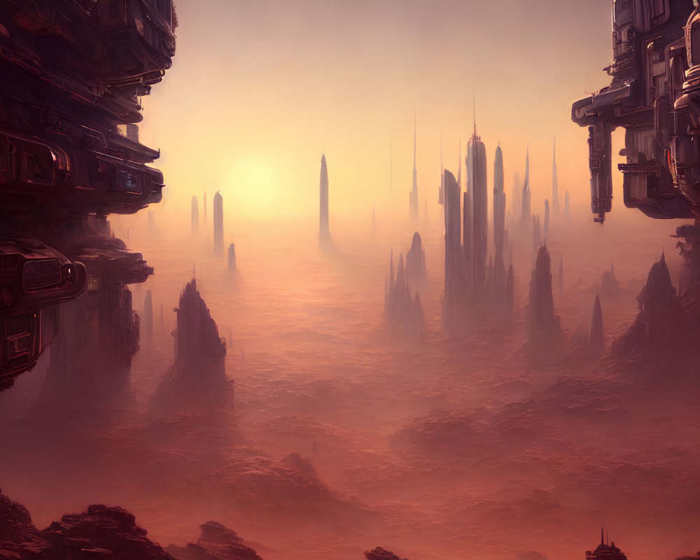Futuristic cityscape with towering skyscrapers in hazy orange atmosphere
