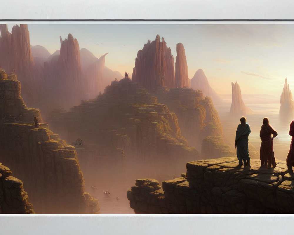 Three people on cliff overlooking vast canyon at sunrise