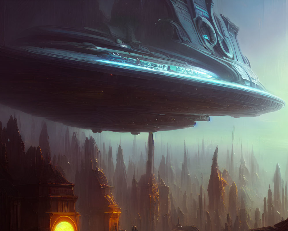 Gigantic futuristic spaceship over alien terrain and ancient structures