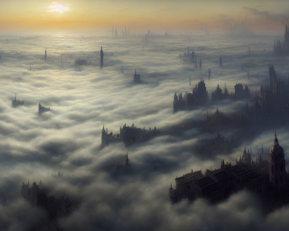 Fantastical cityscape with spires and towers in golden light