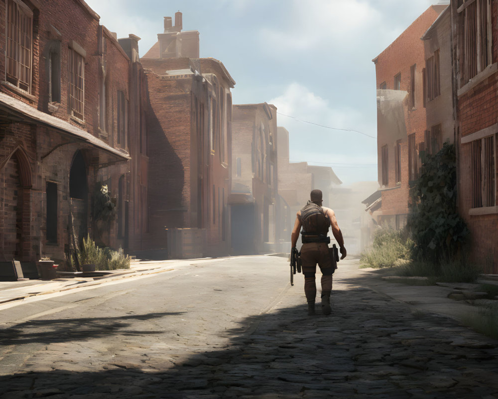 Deserted sunlit street with old brick buildings in post-apocalyptic scene