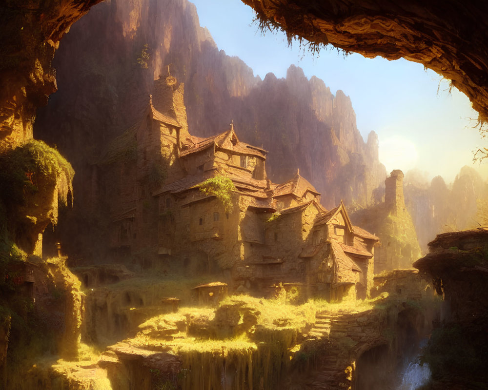 Rustic houses and lush greenery in sunlit cave village