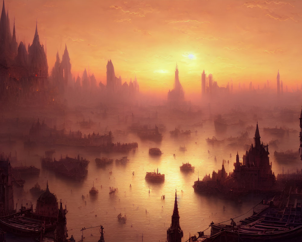 Gothic spires and boats in misty sunset cityscape