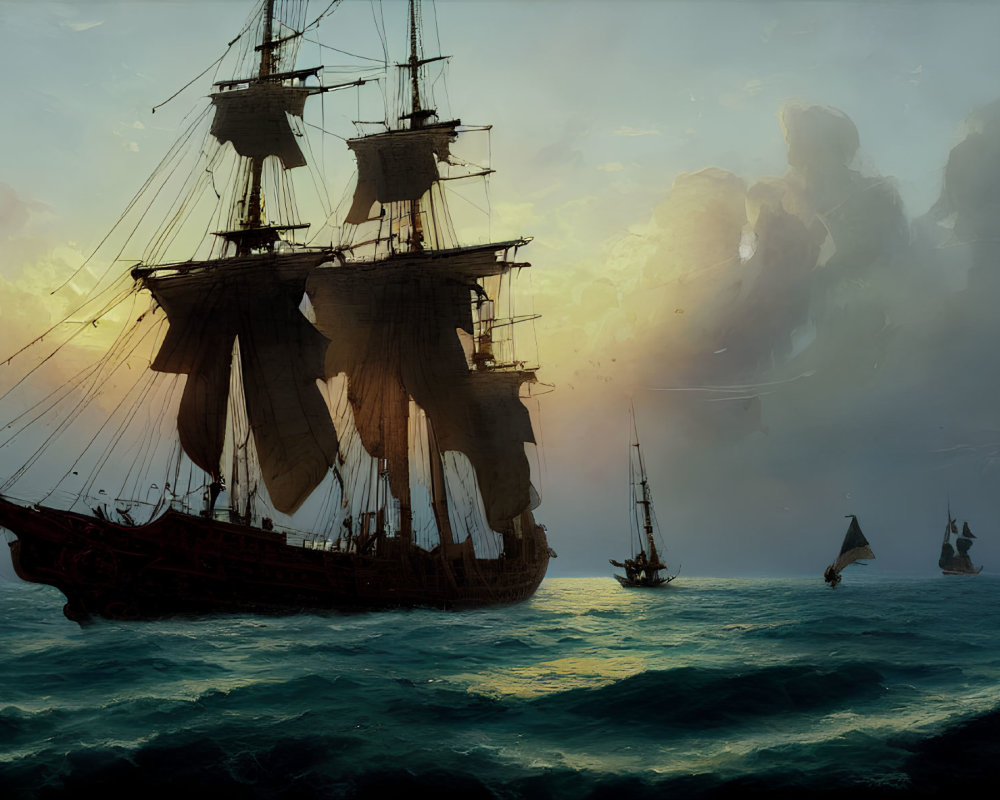 Sailing ship with billowing sails leads fleet on stormy sea at dusk