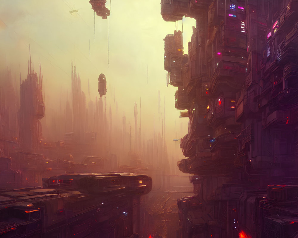 Futuristic cityscape with towering buildings and floating vehicles
