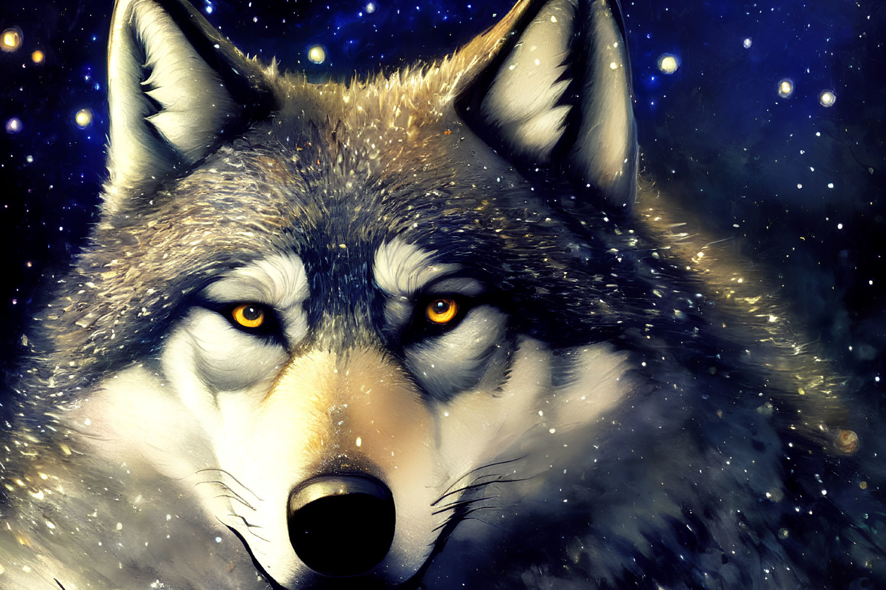 Digital artwork: Wolf's face with intense yellow eyes on starry night sky background
