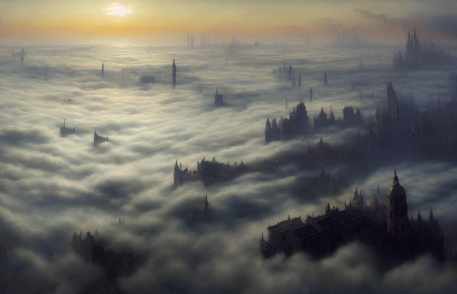 Fantastical cityscape with spires and towers in golden light