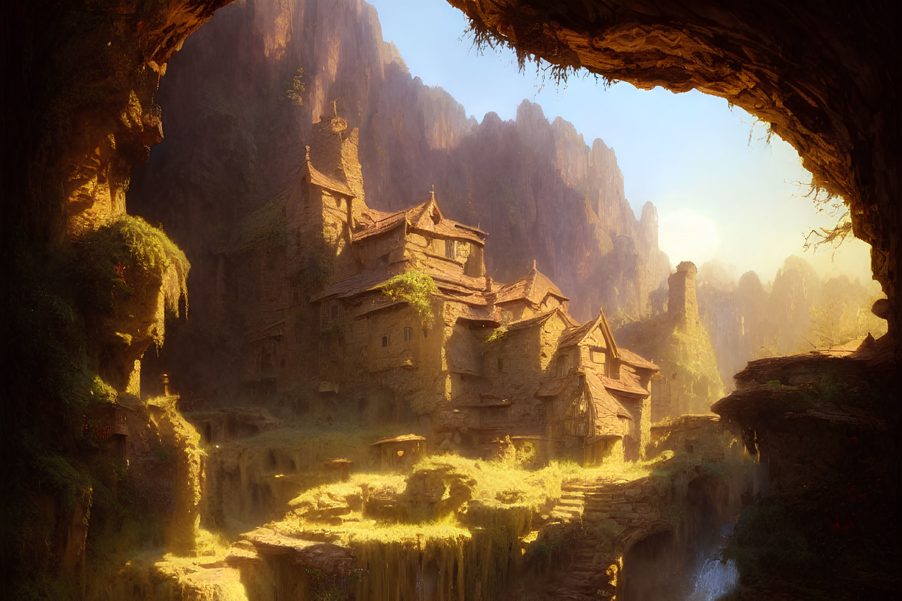 Rustic houses and lush greenery in sunlit cave village