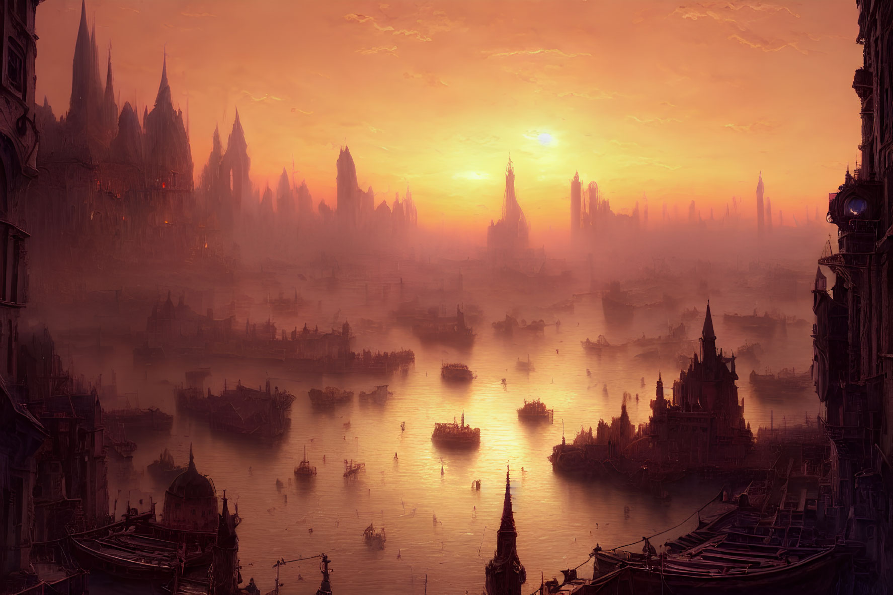 Gothic spires and boats in misty sunset cityscape
