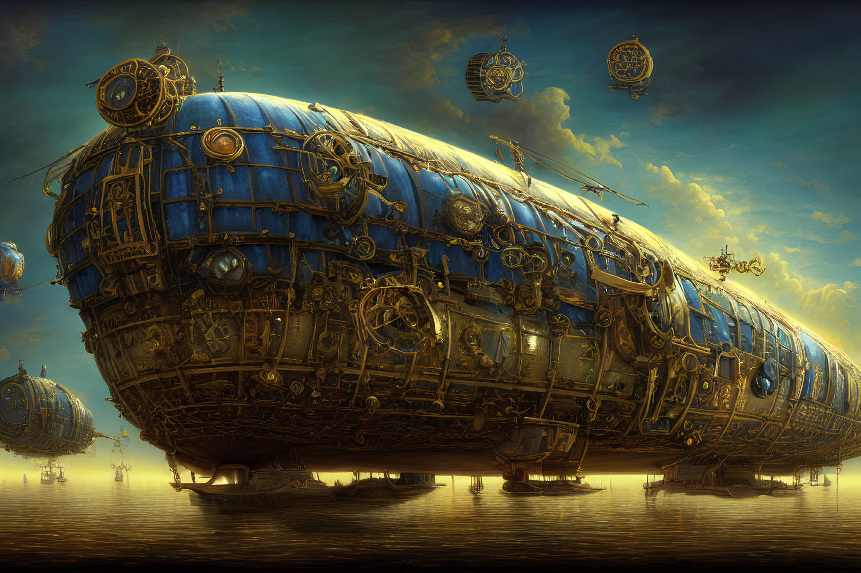 Intricate steampunk airships over calm sea at sunset