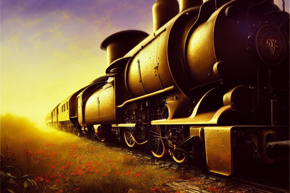 Classic Steam Locomotive and Passenger Carriages Among Flowers