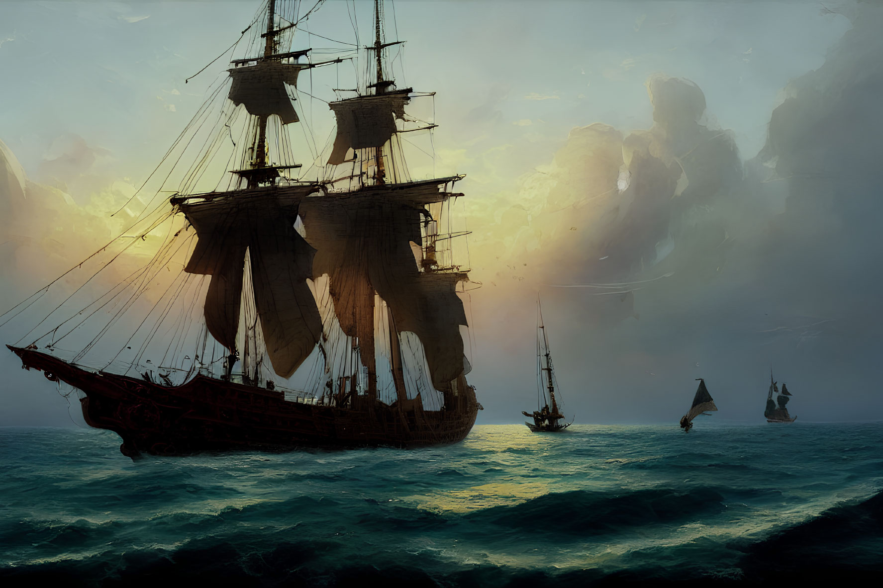 Sailing ship with billowing sails leads fleet on stormy sea at dusk