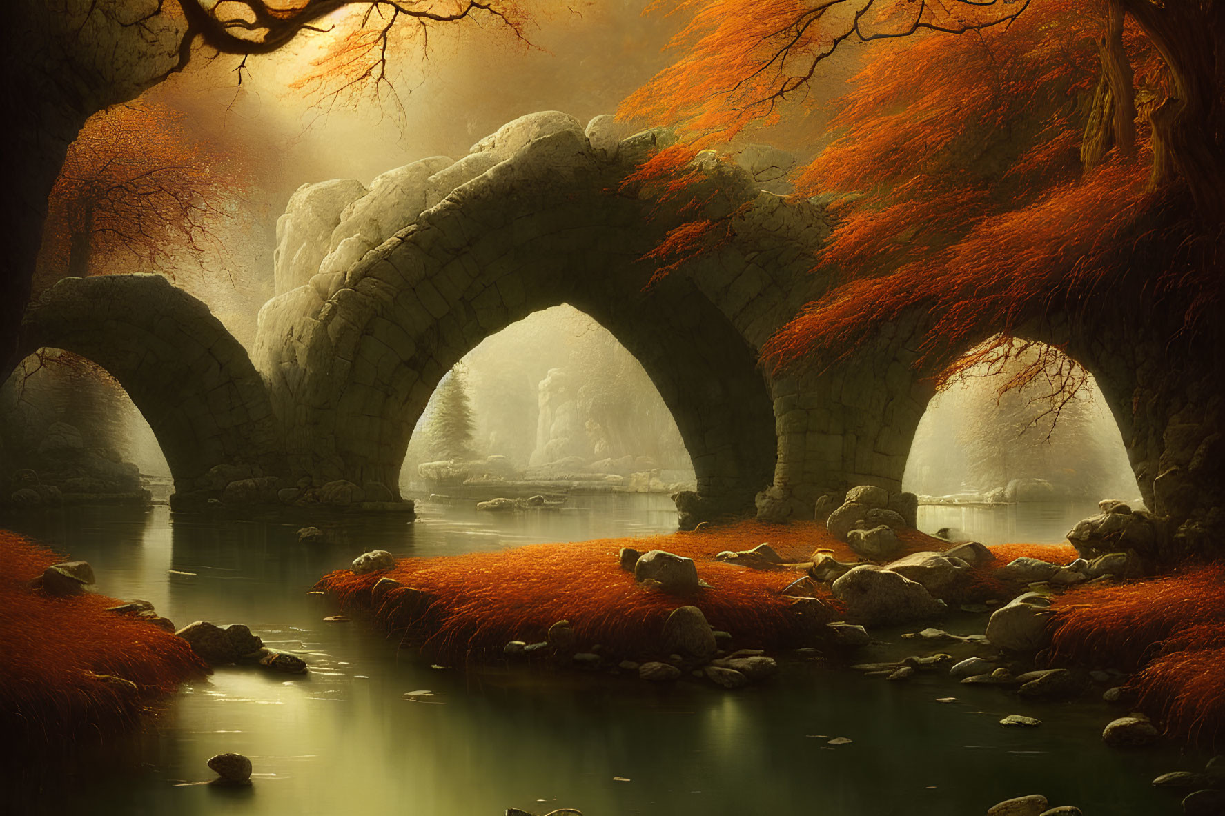 Ethereal autumn landscape with stone bridge, calm river, red foliage trees
