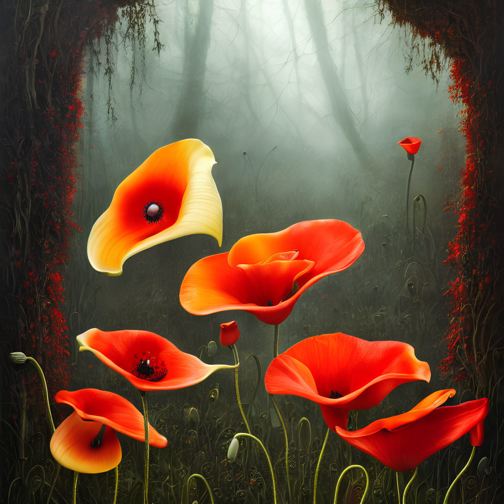 Vibrant red poppies with black centers in misty forest setting