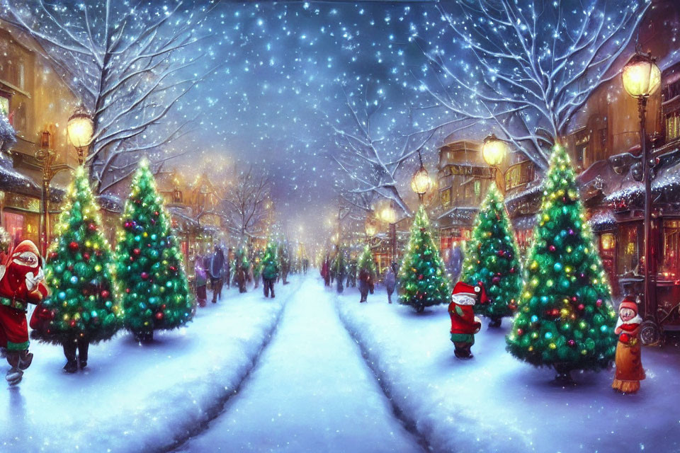 Snowy Christmas Street Scene with Santa Figures and Illuminated Trees