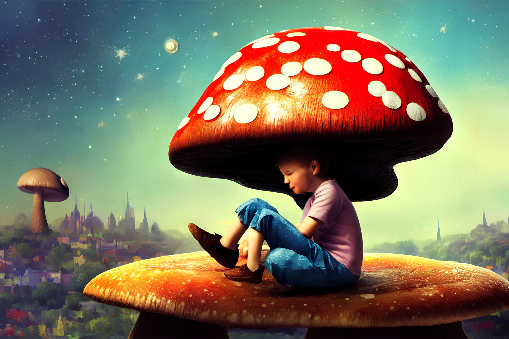 Child Contemplating Under Giant Red Mushroom in Whimsical Landscape