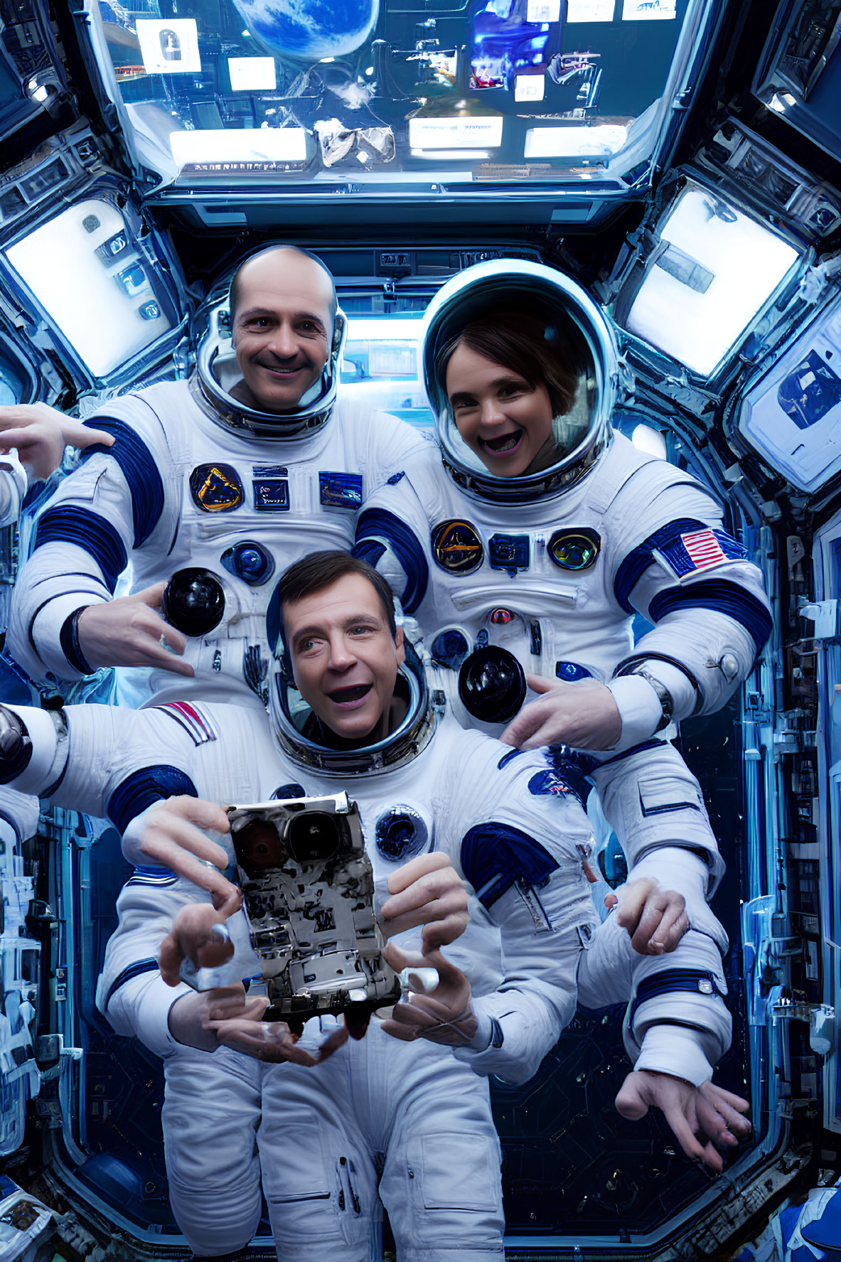 Three astronauts pose with satellite model in space station setup.