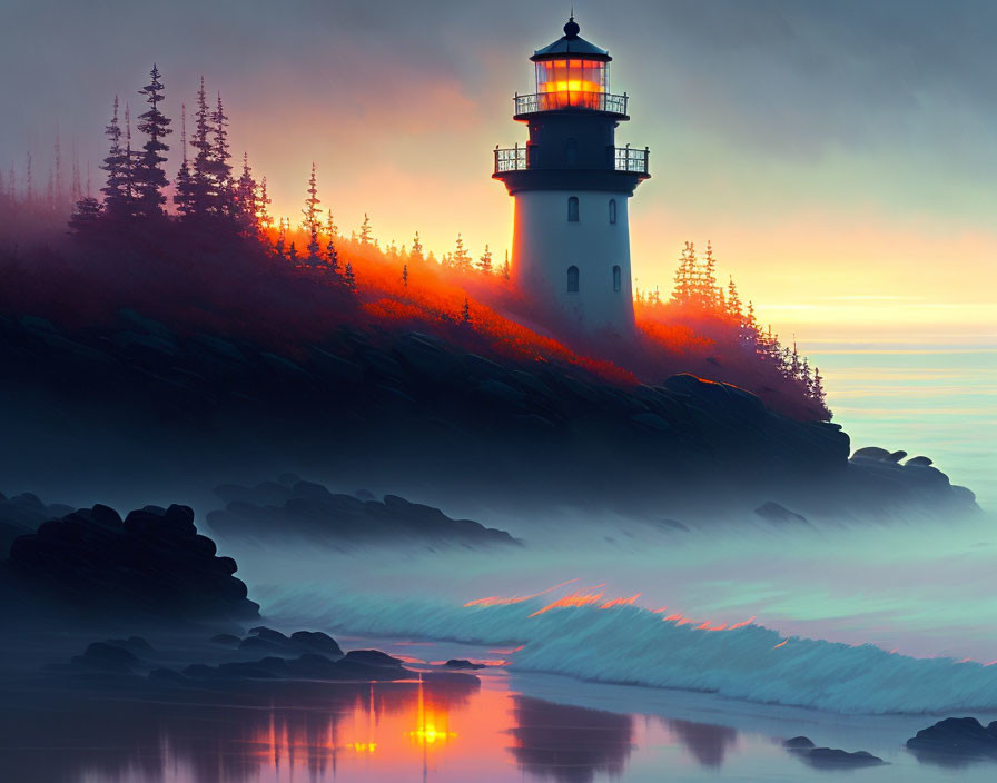 Tranquil sunset scene: lighthouse on rocky shore with glowing beacon and misty ocean backdrop
