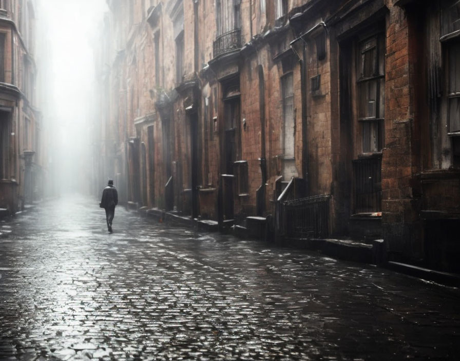 Person walking on misty cobblestone street with old buildings