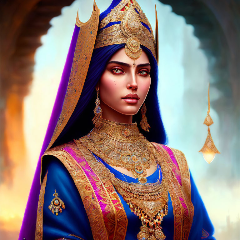 Piercing blue-eyed woman in luxurious blue and gold outfit against fiery backdrop