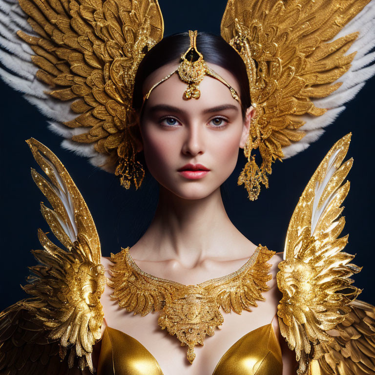 Luxurious golden headpiece and wings on woman against deep blue backdrop