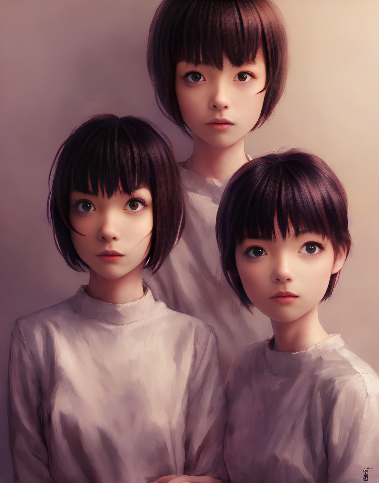 Three stylized girls with bob haircuts and large eyes in different expressions, wearing white tops on a