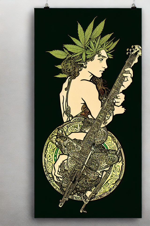 Stylized nude female figure with cannabis leaf adornments playing stringed instrument - Celtic patterns