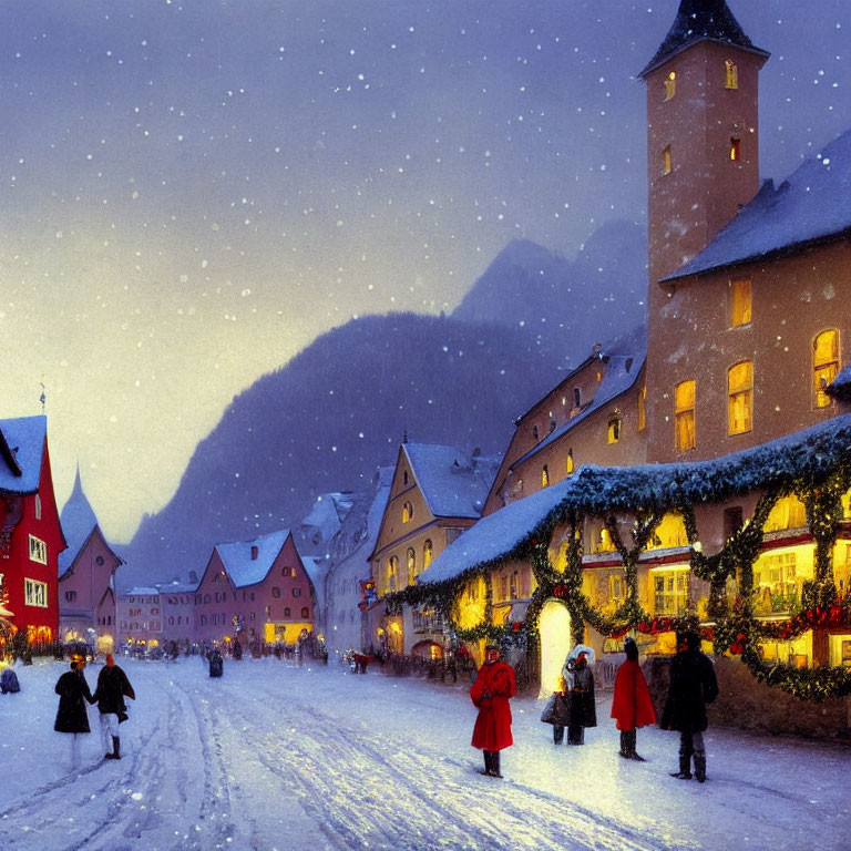 Snow-covered street at dusk with festive decorations and mountains in background