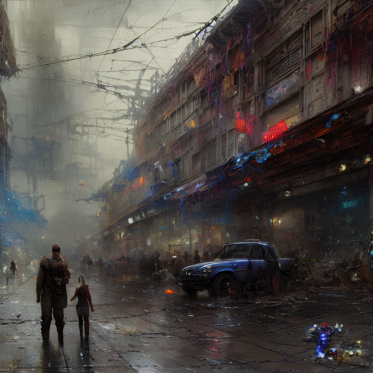 Man and child navigating dystopian cityscape with dilapidated buildings and neon signs.