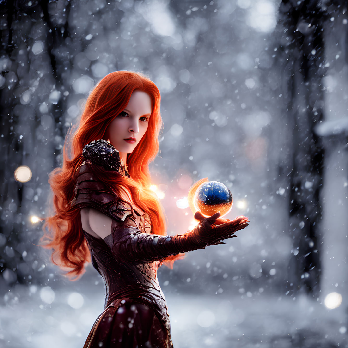 Red-Haired Woman with Glowing Orb in Snowy Forest