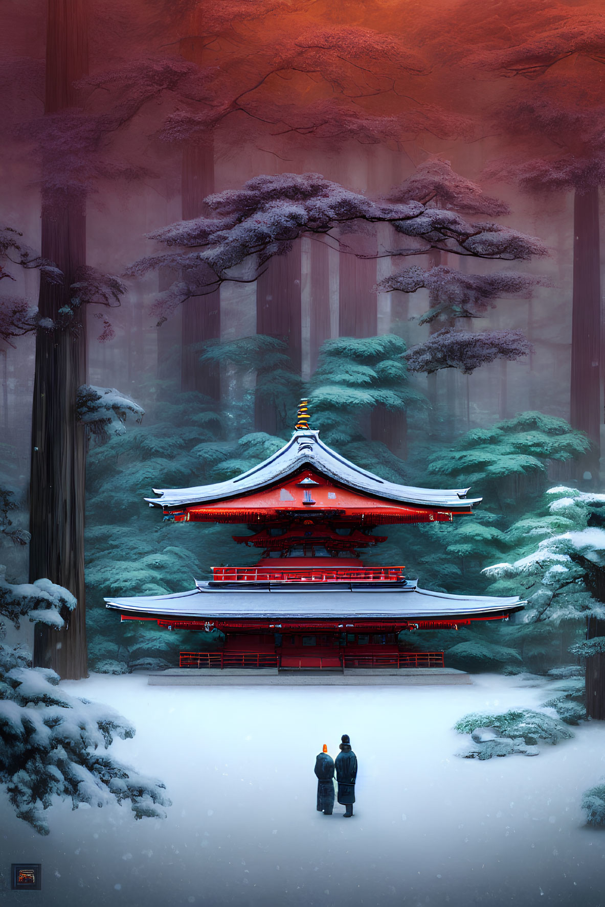 Snowy landscape with red pagoda and two figures in falling snow