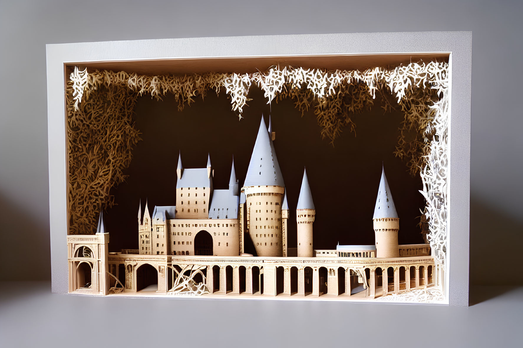 Detailed Paper Art of Castle with Towers and Archways in Shadow Box Display