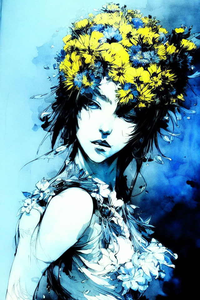 Stylized painting of a person with yellow flower crown in vibrant blue and black watercolor palette