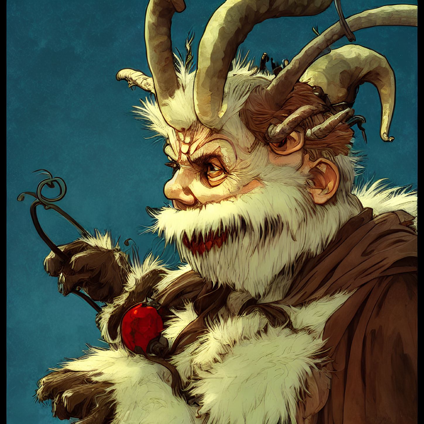 Fantasy creature with goat-like horns and red orb.
