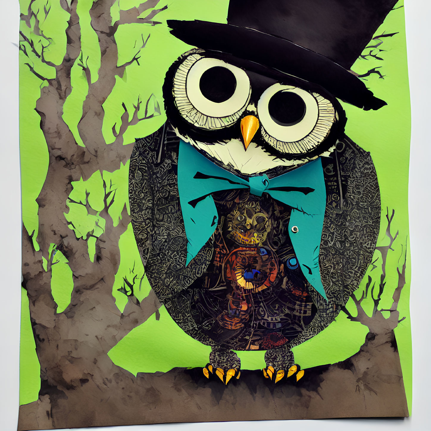 Stylized owl with top hat and bow tie on green background
