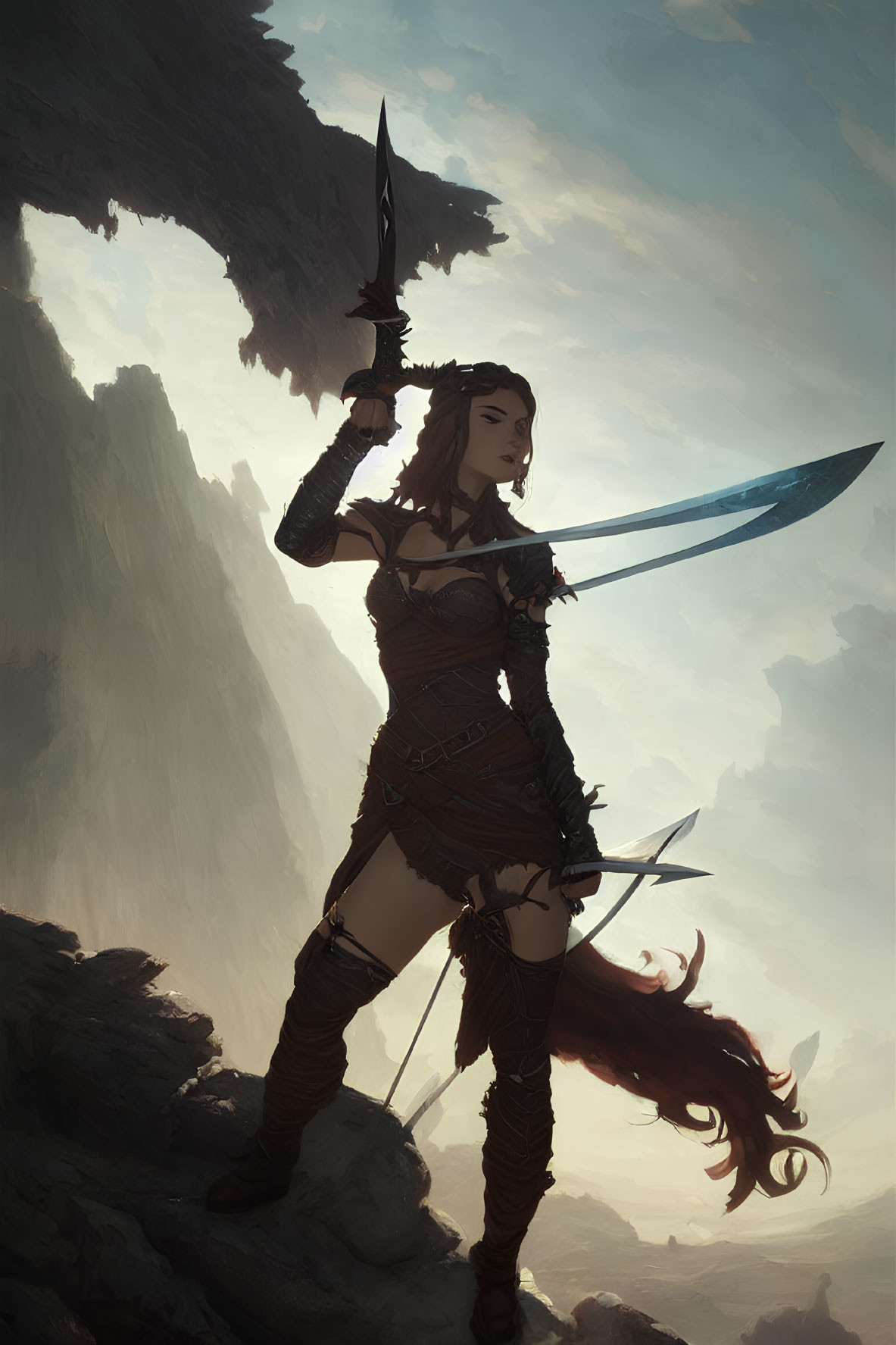 Warrior woman in leather armor wields sword on rocky terrain