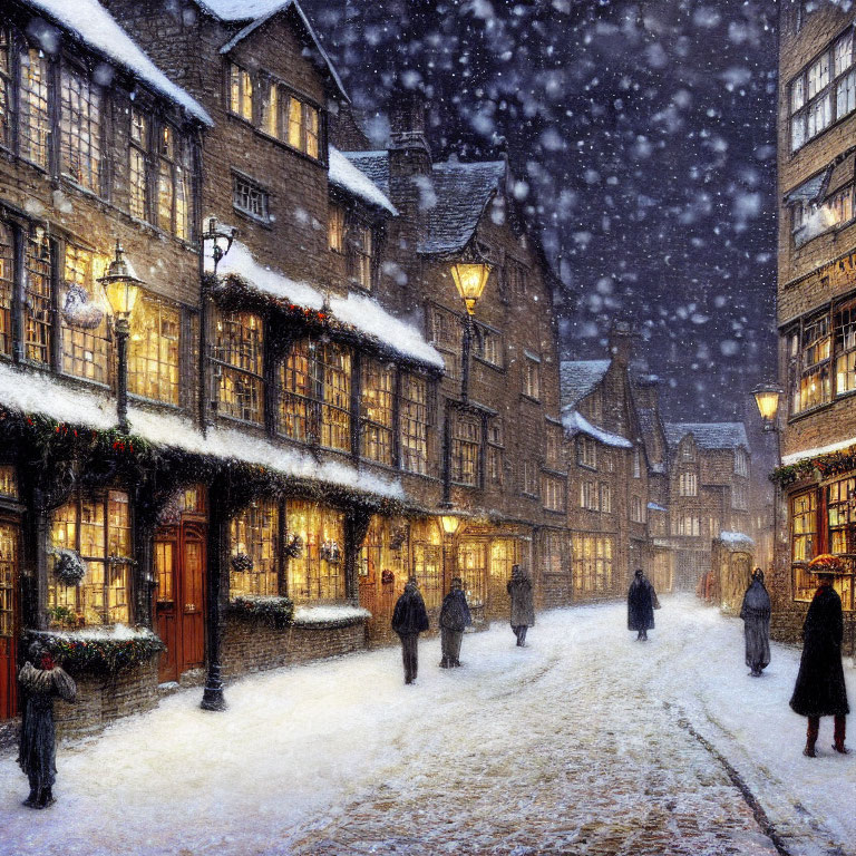 Snowy Twilight Scene of People in Quaint Village with Festive Decorations