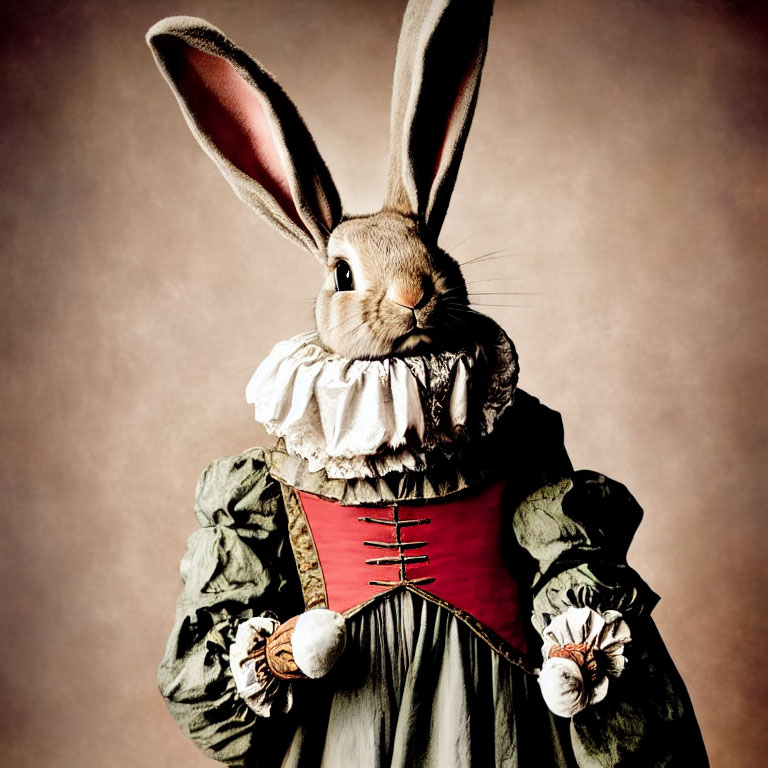 Elaborate Rabbit Costume with Ruffled Collar and Red Corset