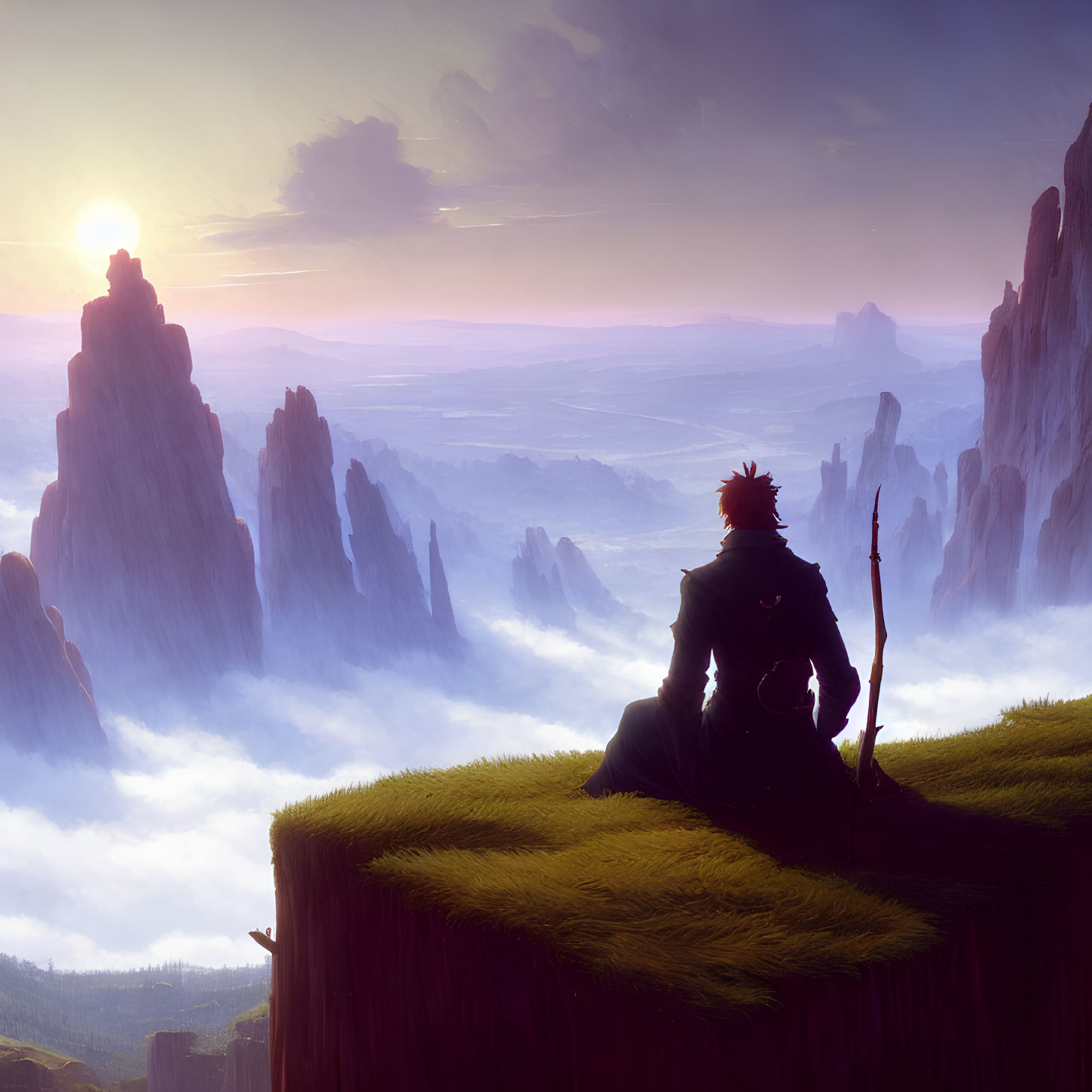 Warrior on Grass Cliff Overlooking Canyon at Sunrise