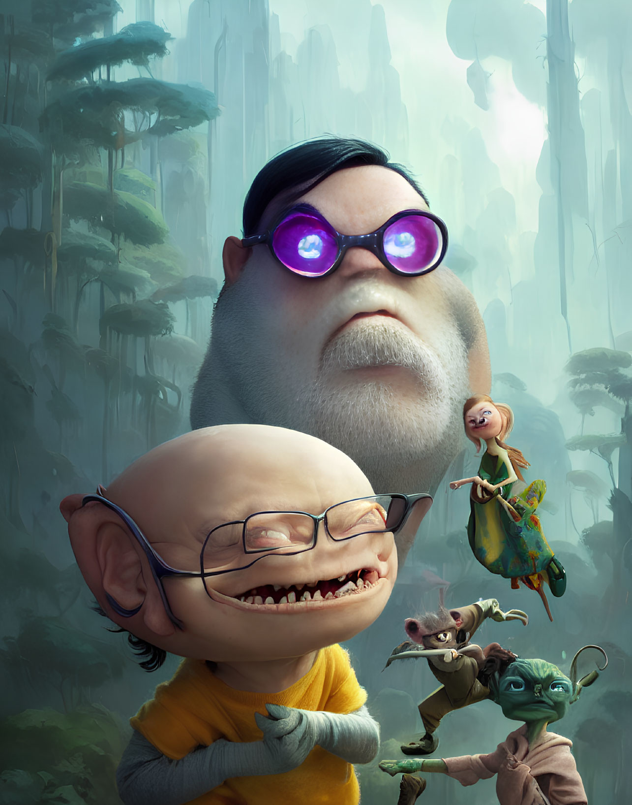 Illustration of floating giant head, elf, fairy, and Yoda-like character in mystical forest