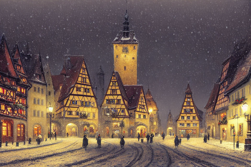Snowy winter village with half-timbered houses and tower in dusk snowfall