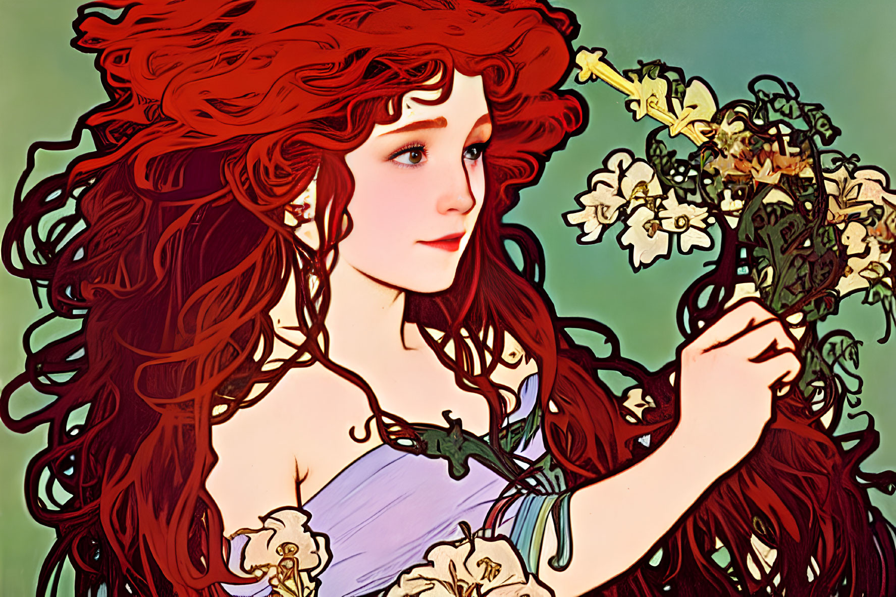 Detailed Art Nouveau-style illustration of woman with red hair and flowers