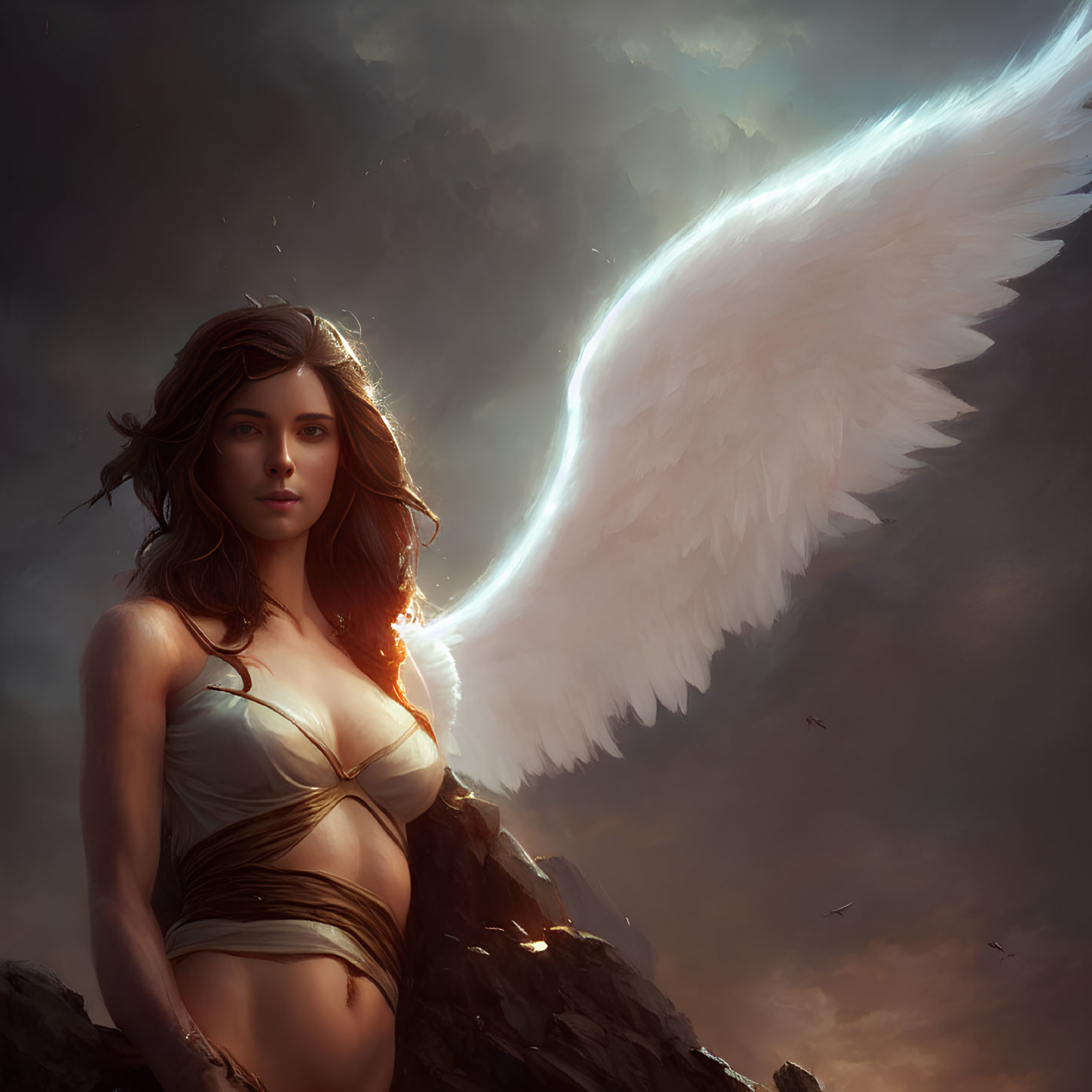 Woman with Large White Wing on Rocky Overlook under Dramatic Sky