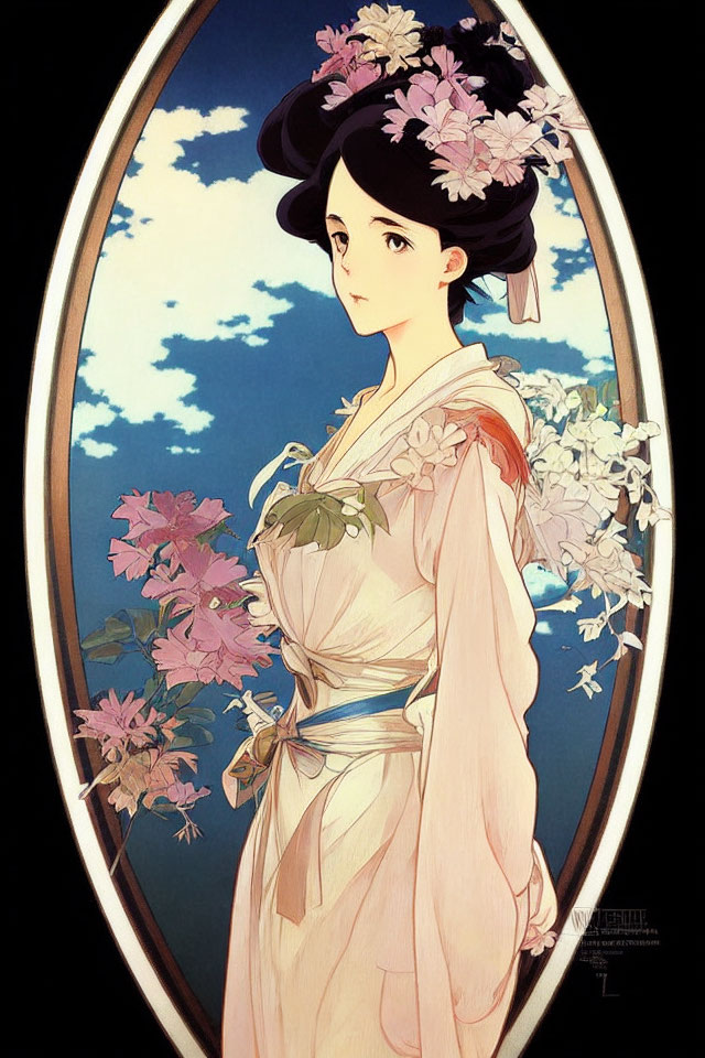 Illustration of woman in Japanese attire with floral hair ornament, oval frame, blue sky background