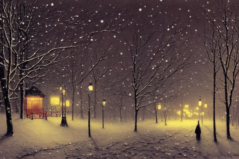 Snowy Night Scene: Tranquil Path with Bare Trees & Streetlamps