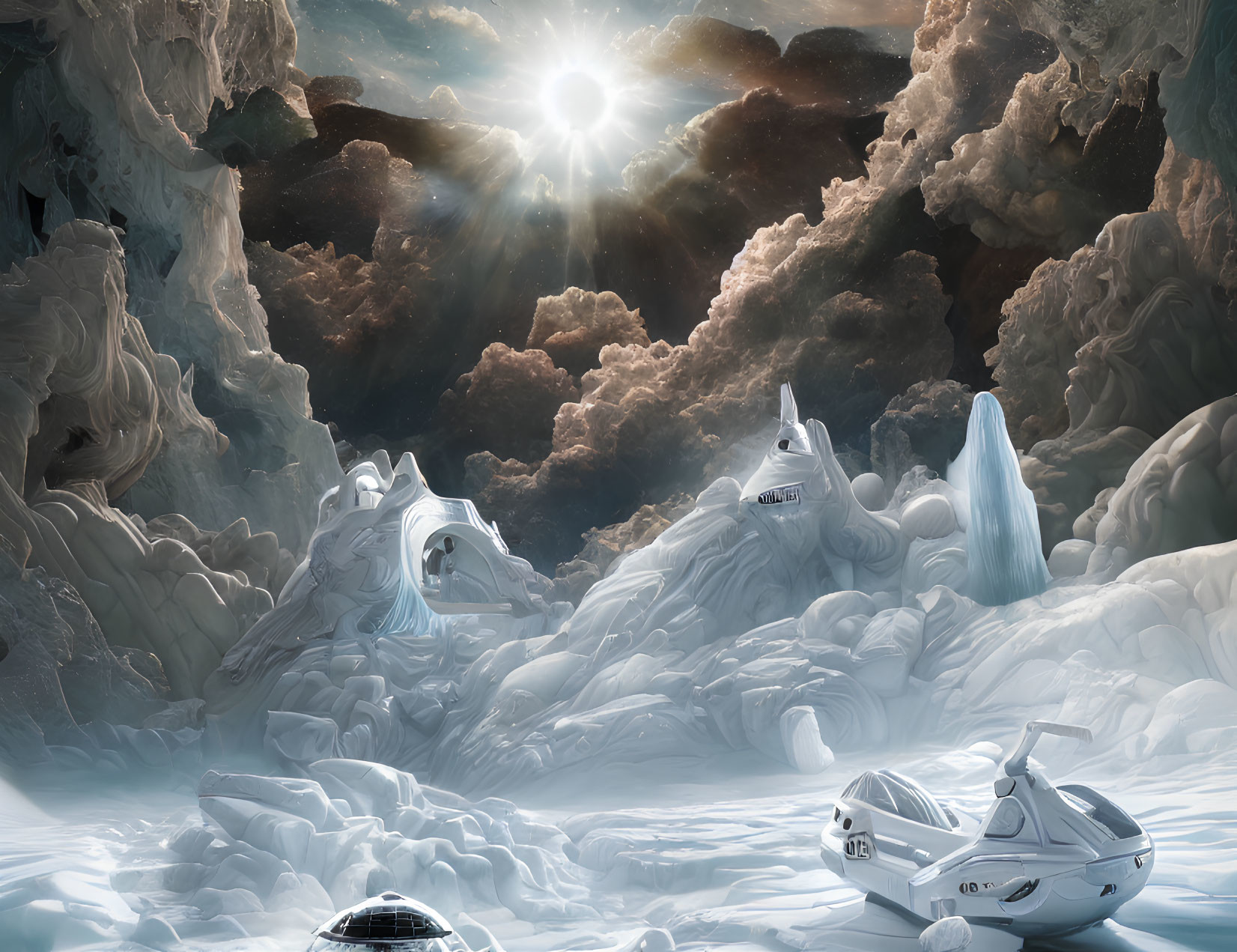 Fantastical icy landscape with futuristic vehicles and frozen horse head formations