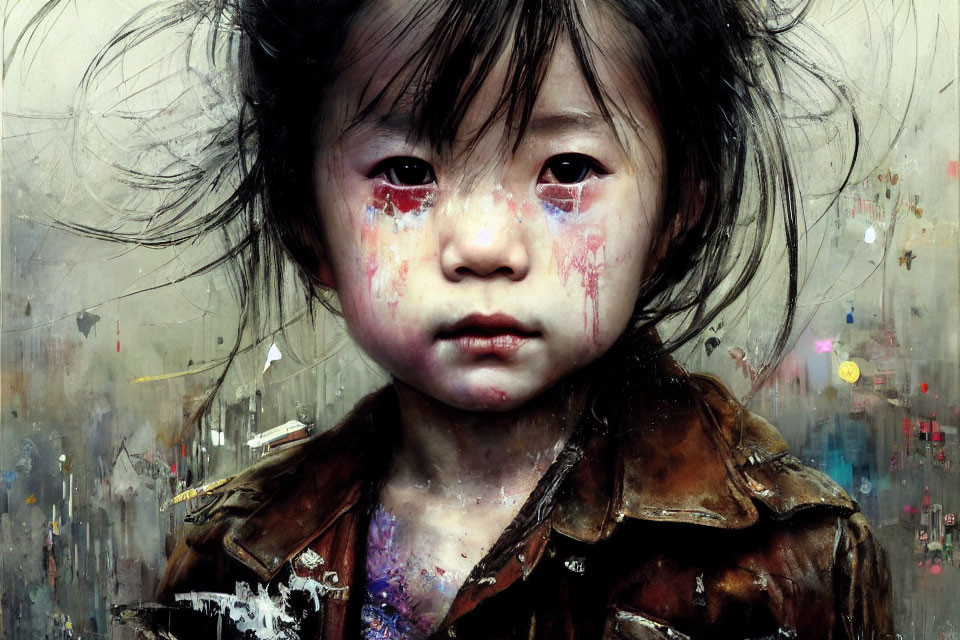 Young girl digital artwork with colorful paint, expressive eyes, messy hair, textured jacket